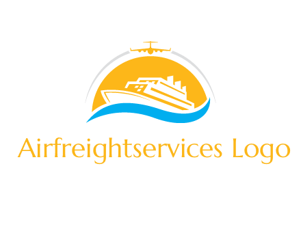 ship over the sun with water and airplane logo