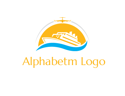 ship over the sun with water and airplane logo