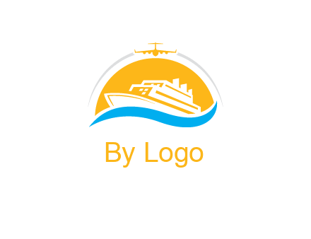 ship over the sun with water and airplane logo