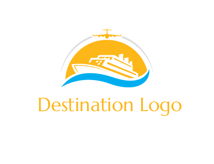 ship over the sun with water and airplane logo