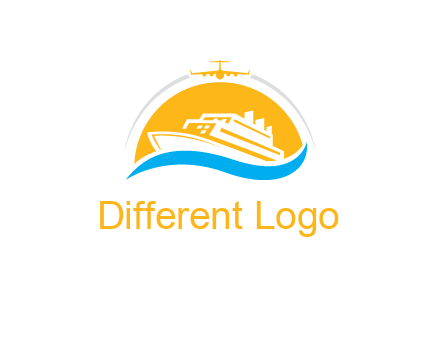 ship over the sun with water and airplane logo