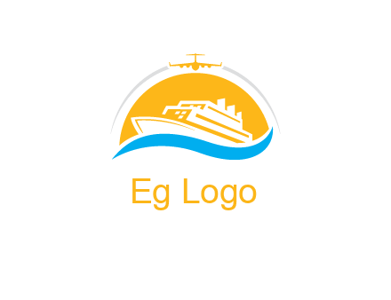 ship over the sun with water and airplane logo