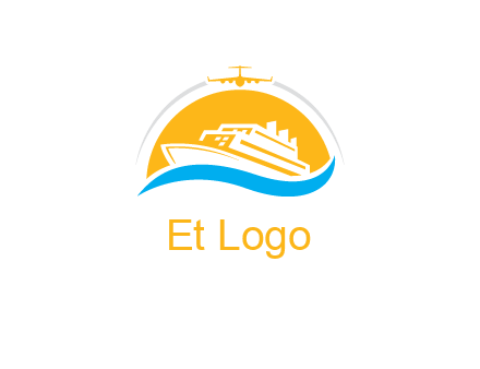 ship over the sun with water and airplane logo