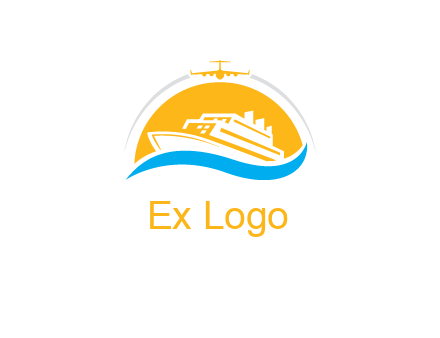 ship over the sun with water and airplane logo