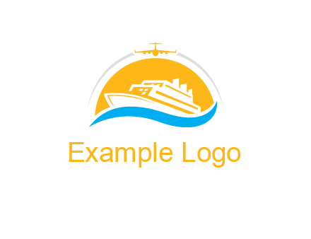 ship over the sun with water and airplane logo