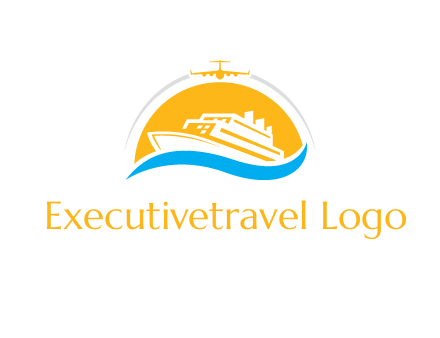 ship over the sun with water and airplane logo