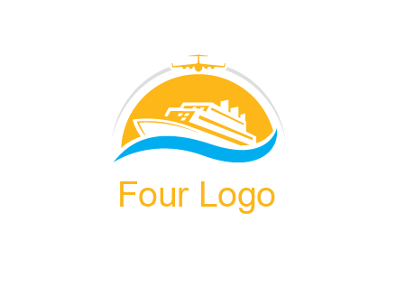 ship over the sun with water and airplane logo