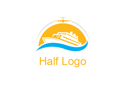 ship over the sun with water and airplane logo