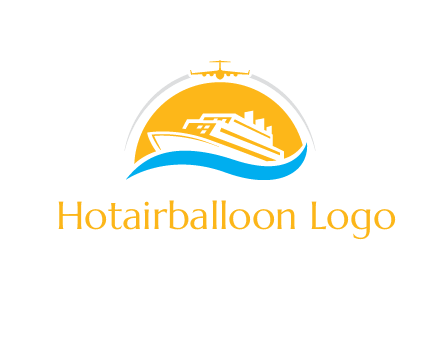 ship over the sun with water and airplane logo