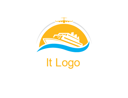 ship over the sun with water and airplane logo