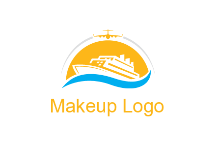 ship over the sun with water and airplane logo