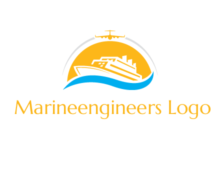 ship over the sun with water and airplane logo
