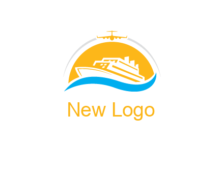 ship over the sun with water and airplane logo