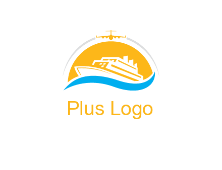 ship over the sun with water and airplane logo