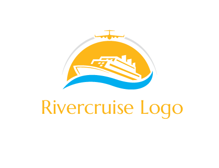 ship over the sun with water and airplane logo