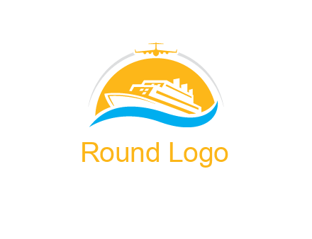 ship over the sun with water and airplane logo