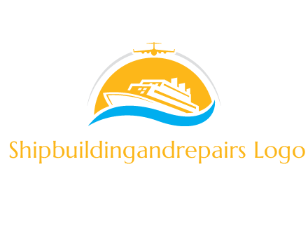 ship over the sun with water and airplane logo