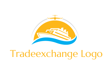 ship over the sun with water and airplane logo