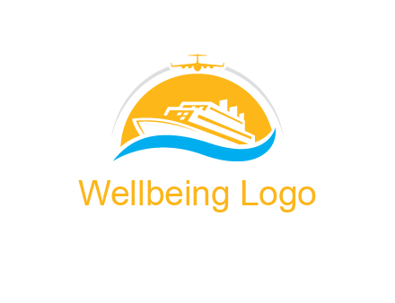 ship over the sun with water and airplane logo