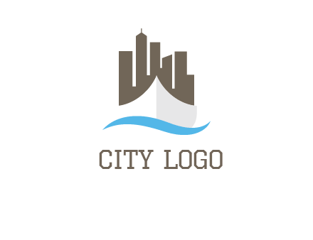 ship incorporated with city skyline and wave logo