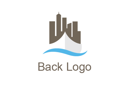 ship incorporated with city skyline and wave logo