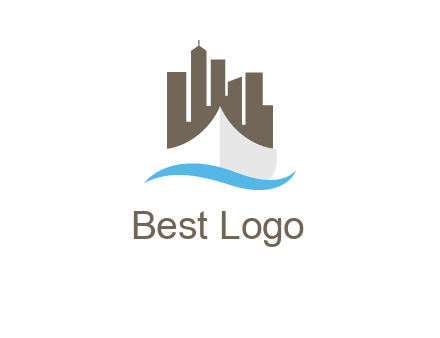 ship incorporated with city skyline and wave logo