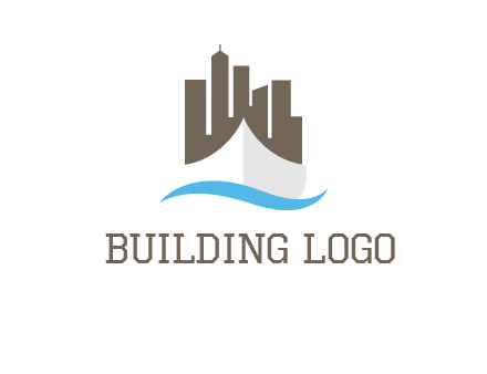 ship incorporated with city skyline and wave logo