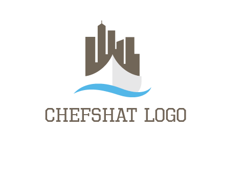 ship incorporated with city skyline and wave logo