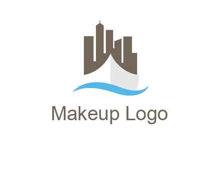 ship incorporated with city skyline and wave logo