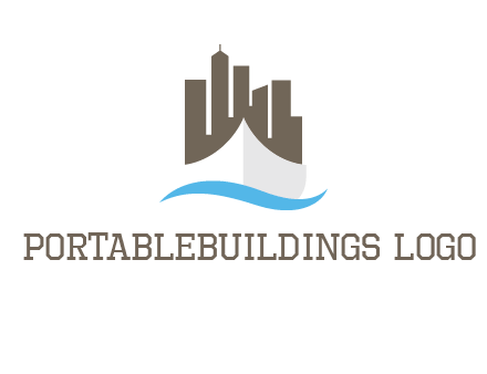 ship incorporated with city skyline and wave logo