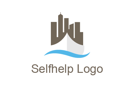 ship incorporated with city skyline and wave logo