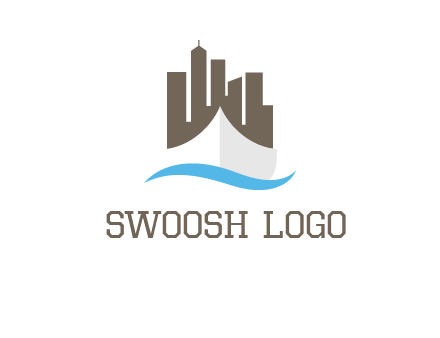 ship incorporated with city skyline and wave logo