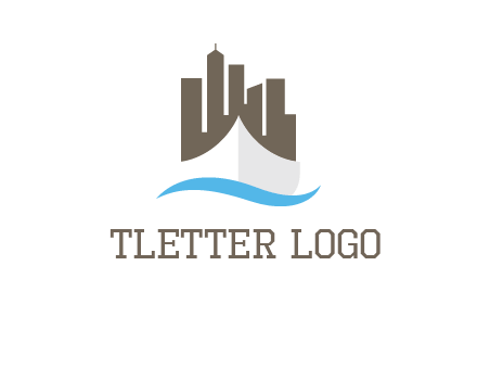 ship incorporated with city skyline and wave logo