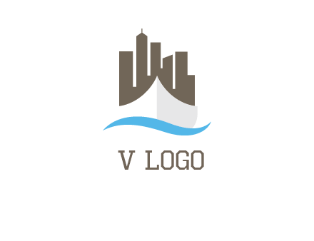 ship incorporated with city skyline and wave logo
