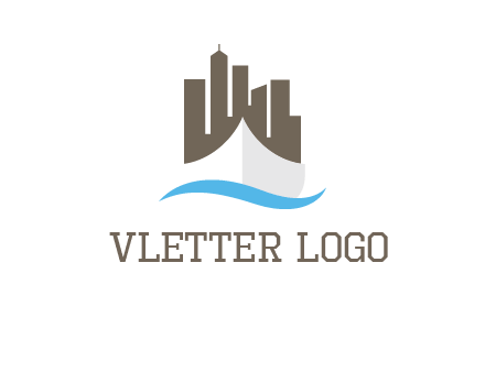 ship incorporated with city skyline and wave logo