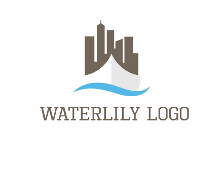 ship incorporated with city skyline and wave logo