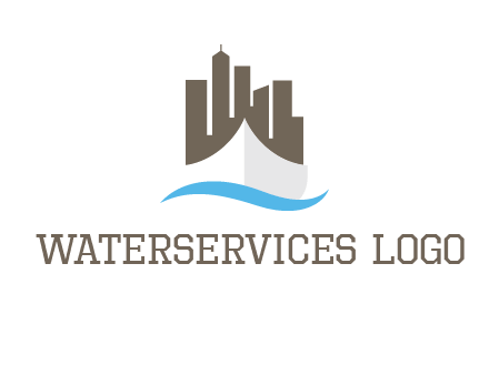 ship incorporated with city skyline and wave logo