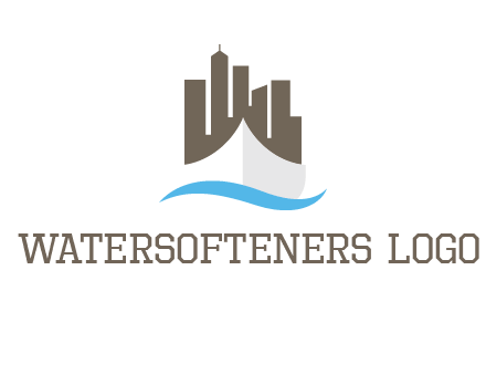 ship incorporated with city skyline and wave logo