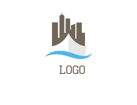 ship incorporated with city skyline and wave logo