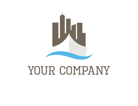 ship incorporated with city skyline and wave logo