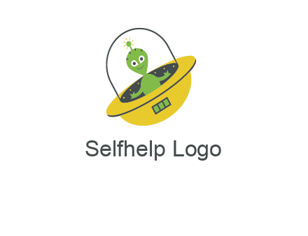 cartoon spaceship and alien logo