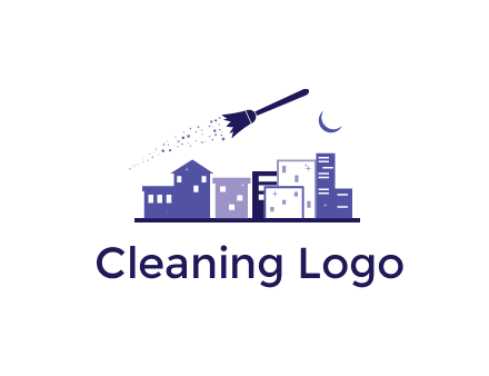 flying broom in city with moon logo
