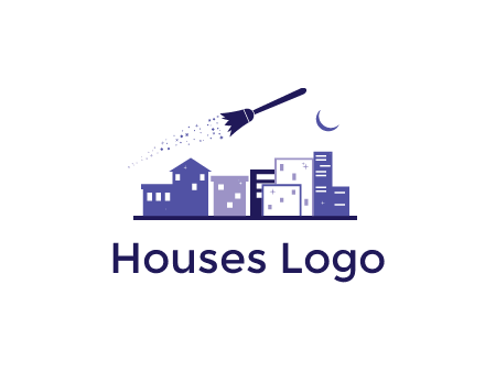 flying broom in city with moon logo