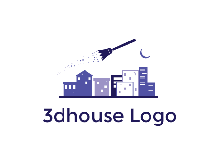 flying broom in city with moon logo