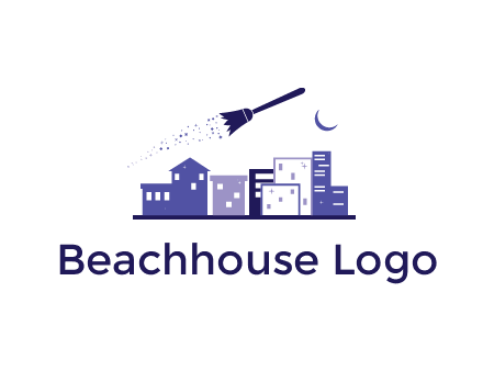 flying broom in city with moon logo