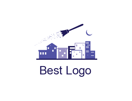 flying broom in city with moon logo