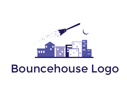 flying broom in city with moon logo