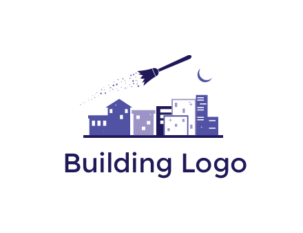 flying broom in city with moon logo