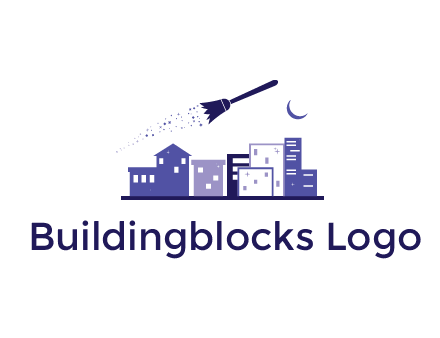 flying broom in city with moon logo