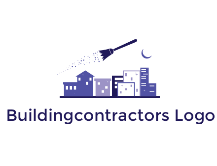 flying broom in city with moon logo